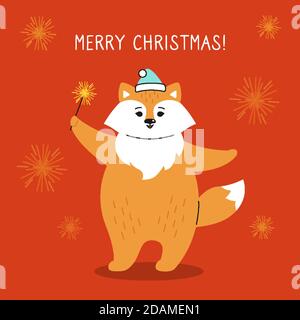 Carte de vœux de Noël, renard avec sparkler. Dessin main drôle de dessin animé nouvel an rouge renard personnage de noël. Bonne année, Joyeux Noël. Vecteur animal Illustration de Vecteur