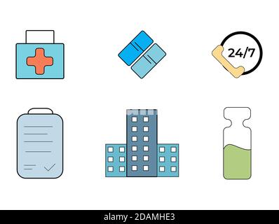 Modèle de scénario de jeu d'icônes hôpital et médical avec icônes représentant Situations Covid-19 Illustration de Vecteur