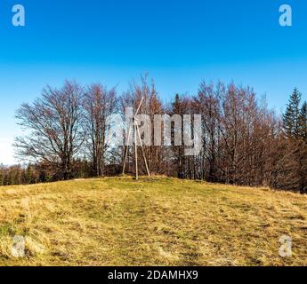 Sommet de la colline de Mala Czantoria avec prairie, arbres et ciel clair en automne montagnes de Beskid Slaski en Pologne Banque D'Images