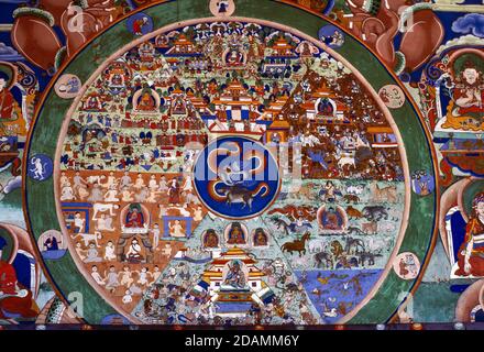 Représentant un mandala ou une roue de la vie, ce thangka (tangka) richement peint, art sacré bouddhiste tibétain, est suspendu à Punakha Dzong, au Bhoutan Banque D'Images