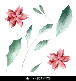 Les feuilles vertes aquarelles et les fleurs rouges sont isolées sur fond blanc. Ensemble clipart pour invitations, graphiques, cartes de vœux, scrapbooking diy. Banque D'Images