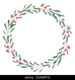 Vert aquarelle et couronne de baies rouges. La clipart de Noël. Graphiques pour bricolage, scrapbooking, invitations, cartes de vœux. Banque D'Images