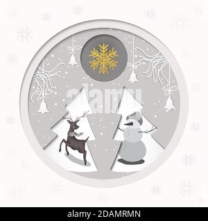 Carte de vœux de Noël.renne et bonhomme de neige heureux avec Joyeux Noël Décoration.Design artistique en papier.Illustration vectorielle.Eps10 Illustration de Vecteur