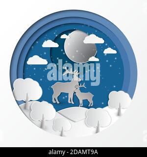 Cerf dans la forêt avec de la neige la nuit sombre.papier silhouette blanc Design artistique sur fond bleu ciel.Illustration vectorielle.Eps10 Illustration de Vecteur