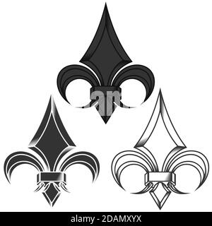 Conception vectorielle de la fleur de lis en style métallique dans trois styles différents, représentation de la fleur de nénuphars, symbole utilisé dans l'héraldique médiévale. Tout est activé Illustration de Vecteur