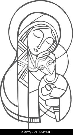 Illustration ou dessin numérique de la Vierge Marie et de Jésus Christ comme enfant Illustration de Vecteur