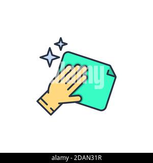 Nettoyage avec icône de chiffon, couleur, ligne, contour du signe vectoriel, pictogramme de style linéaire isolé sur blanc. Symbole, illustration du logo. Contour modifiable. Pixel Illustration de Vecteur