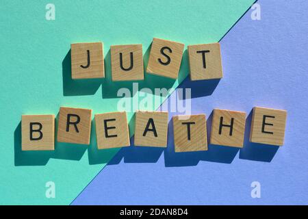 ust Breathe, phrase en lettres de l'alphabet de bois isolées sur fond coloré Banque D'Images