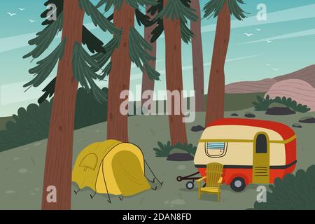 Camping avec une caravane illustration Vector Illustration de Vecteur