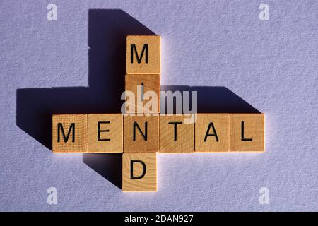 Mental, mental, mots en lettres de l'alphabet de bois en forme de mots croisés isolés sur le violet Banque D'Images