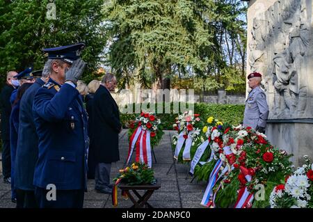 Baruth, Allemagne. 14 novembre 2020. Le colonel OLAF Detlefsen, commandant du commandement de l'État de Brandebourg, salue à la tombe de la guerre soviétique lors de l'inauguration de la journée nationale de deuil organisée par la Commission allemande des sépultures de guerre. Credit: Patrick Pleul/dpa-Zentralbild/dpa/Alay Live News Banque D'Images