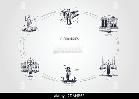 Pays - Égypte, Grèce, États-Unis, Turquie, Mexique, Inde ensemble de concepts vectoriels Illustration de Vecteur