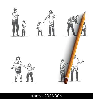 Des gens en colère - des femmes et des hommes en colère avec des enfants montrant ensembles de concepts de vecteur d'émotions négatives Illustration de Vecteur