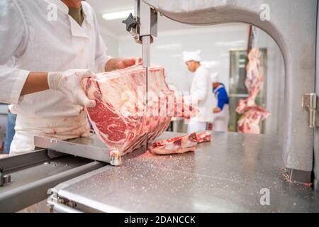 Gros boucherie de viande Wagyu employé de la salle de coupe de boeuf coupant un morceau de viande sur le coupe-courroie électrique à l'abattoir, industrie de la viande. Banque D'Images