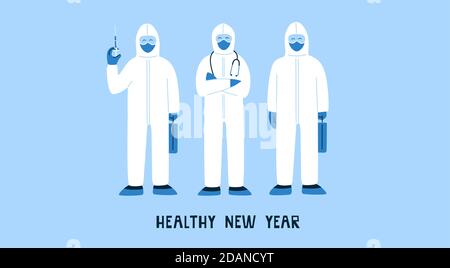 Bonne santé normale nouvel an 2021. Bannière horizontale, concept de design d'affiche. Médecins, infirmières, personnel médical en costume blanc. Lutte contre Illustration de Vecteur