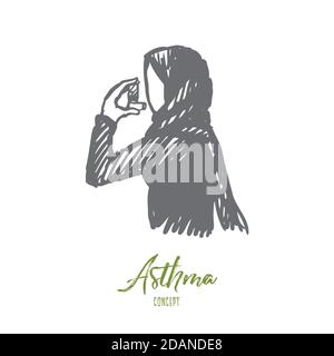 Asthme, inhalateur, santé, Islam, hijab concept. Vecteur isolé tracé à la main. Illustration de Vecteur