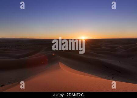 D'immenses dunes désertiques d'Erg Chigaga, aux portes du Sahara, au coucher du soleil. Maroc. Concept de voyage et d'aventure. Banque D'Images