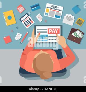 Vecteur d'une femme d'affaires assise au bureau pour payer les factures en ligne à l'aide de la tablette compacte Illustration de Vecteur