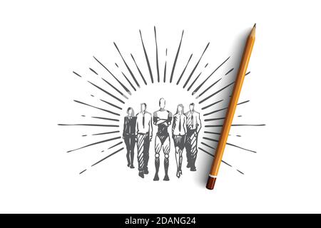 Travail d'équipe, HCI, automatisation, technologie, concept d'équipe. Vecteur isolé tracé à la main. Illustration de Vecteur