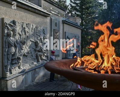 Baruth, Allemagne. 14 novembre 2020. Un incendie brûle sur le site de la guerre soviétique pour l'événement d'ouverture du Volksbund Deutsche Kriegsgräberfürsorge (Commission allemande des sépultures de guerre). Credit: Patrick Pleul/dpa-Zentralbild/dpa/Alay Live News Banque D'Images