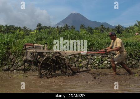 Sleman, YOGYAKARTA, INDONÉSIE. 14 novembre 2020. Un agriculteur cultive un champ avec le fond du mont Merapi à Pakem, Sleman, Yogyakarta Indonésie, le mercredi 14 novembre 2020. Le 5 novembre 2020, le Centre de recherche et de développement sur les technologies géologiques en cas de catastrophe (BPPTKG) a amélioré le statut du mont Merapi, passant du niveau d'alerte au niveau d'alerte. Le BPPTKG a informé que la déformation de Babadan avec la mesure électronique de distance (EDM) est de 13 cm par jour. Les autorités indonésiennes ont commencé vendredi à évacuer les populations vivant sur les pentes fertiles du volcan, après une augmentation de l'activité volcanique. (Credit image: © Slamet Riya Banque D'Images