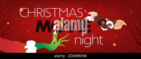 Noël film Night Facebook couverture, Grinch main, Gizmo Gremlins tête sur fond rouge. Illustration vectorielle, dépliant du site Web, modèle d'invitation pour Illustration de Vecteur