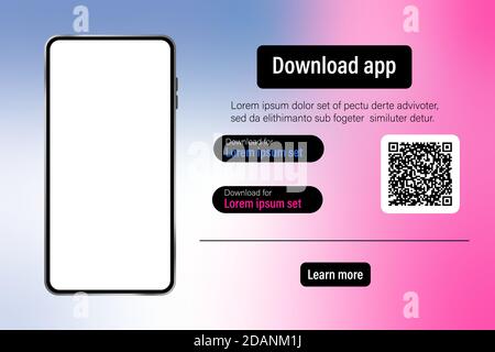 Bannière publicitaire de page pour le téléchargement d'une application pour téléphone mobile. Boutons de téléchargement avec modèle de code qr de numérisation. Illustration de Vecteur