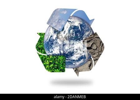 Symbole de recyclage logo et terre isolé sur fond blanc. Concept d'environnement. Éléments de cette image fournis par la NASA. Banque D'Images