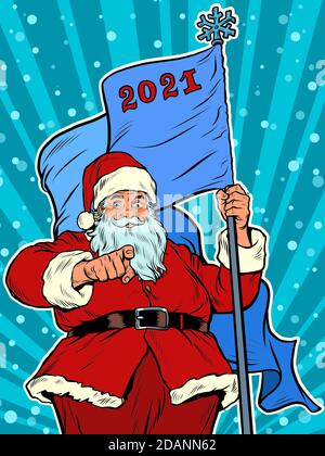 Le Père Noël avec le drapeau de 2021. Noël et nouvel an Illustration de Vecteur