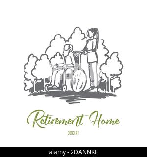 Maison de retraite, vieux, personnes âgées, pensionné, concept de santé. Vecteur isolé tracé à la main. Illustration de Vecteur