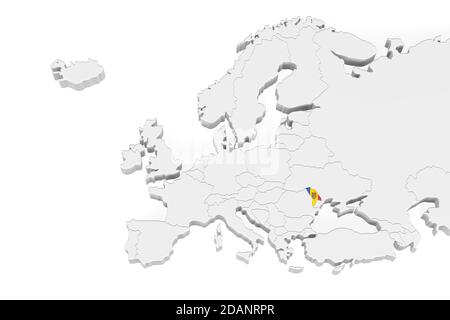 Carte 3D de l'Europe avec frontières marquées - région de la Moldavie Marqué avec drapeau de Moldavie - isolé sur fond blanc avec Espace pour le texte - illustration 3D Banque D'Images