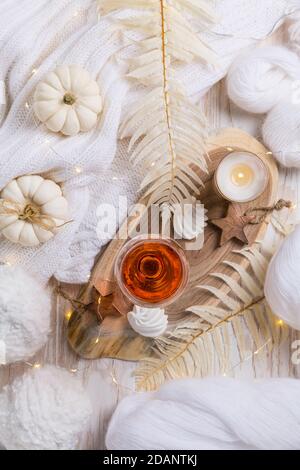 Ambiance feutrée pour l'hiver et l'automne avec un verre de vin rose, un biscuit de citrouille, de la laine et un pull chaud Banque D'Images