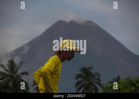 Sleman, YOGYAKARTA, INDONÉSIE. 14 novembre 2020. Les agriculteurs marchent sur les rizières avec le fond du mont Merapi à Pakem, Sleman, Yogyakarta Indonésie, le mercredi 14 novembre 2020. Le 5 novembre 2020, le Centre de recherche et de développement sur les technologies géologiques en cas de catastrophe (BPPTKG) a amélioré le statut du mont Merapi, passant du niveau d'alerte au niveau d'alerte. Le BPPTKG a informé que la déformation de Babadan avec la mesure électronique de distance (EDM) est de 13 cm par jour. Les autorités indonésiennes ont commencé vendredi à évacuer les populations vivant sur les pentes fertiles du volcan, après une augmentation de l'activité volcanique. (Image de crédit : © Slame Banque D'Images