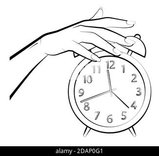la main féminine éteint l'alarme. Fatigue et insomnie. Concept « heure de réveil ». Vecteur Illustration de Vecteur