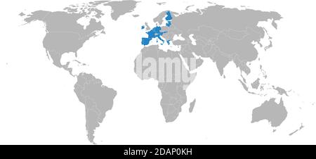 Les États membres de la zone euro sont isolés sur la carte du monde. L'euro est leur monnaie commune. Arrière-plan gris clair. Concepts d'affaires et relations financières. Illustration de Vecteur