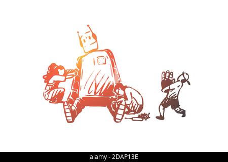 Robot, enfants, jouer, éducation, concept de machine. Vecteur isolé tracé à la main. Illustration de Vecteur
