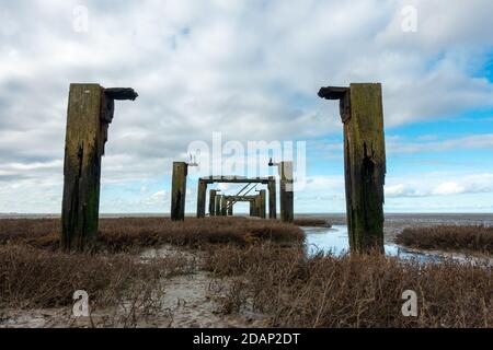 Les ruines de la jetée en bois utilisée pour charger des bateaux à transporter dans le pays pour faire des pistes de la Seconde Guerre mondiale, RSPB Snettisham Beach, Norf Banque D'Images