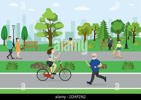 Personnes dans le parc, cycliste et coureur, fitness en plein air concept, Illustration de Vecteur