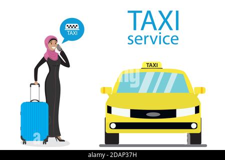 Musulmane les femmes appellent par téléphone un taxi, voiture de taxi jaune, Illustration de Vecteur