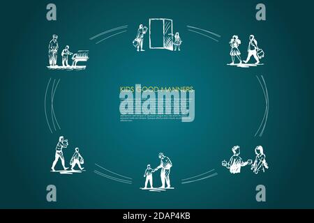 Enfants bonnes manières - garçon aidant la fille à porter le sac, donnant la pièce de nourriture, aidant les personnes âgées à marcher, s'asseoir et porter des sacs vecteur ensemble concept Illustration de Vecteur