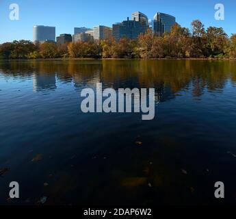 Vue sur la ligne d'horizon du centre-ville de Rosslyn de l'autre côté du fleuve Potomac en automne, avec des feuilles changeantes. À Rosslyn, Arlington, Virginie. Banque D'Images