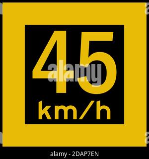 panneau de signalisation de limite de vitesse de 45 km/h. Aire de stationnement, panneaux de pont. Noir sur tableau jaune. Illustration de Vecteur