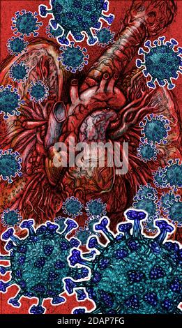 Illustration artistique originale de particules stylisées du coronavirus (COVID-19) qui attaquent le système respiratoire des poumons. Le COV-SRAS-2 se propage par l'intermédiaire de gouttelettes dans l'air. Banque D'Images