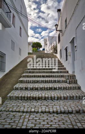 Rue pavée traditionnelle à Vejer de la Frontera, province de Cadix, Andalousie, Espagne. Banque D'Images