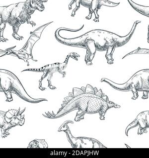 Dinosaures dessinés à la main sur fond blanc, motif vectoriel sans couture. Dessin tendance pour l'imprimé enfant en textile, le motif en tissu ou le papier d'emballage Illustration de Vecteur