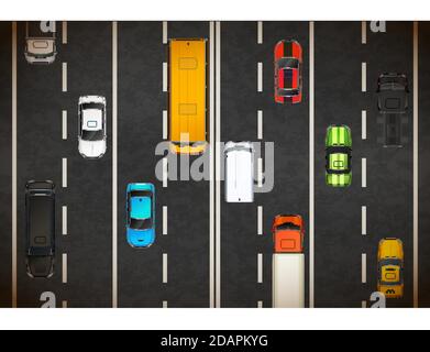 Vue de dessus de l'embouteillage avec beaucoup de voitures réalistes en arrière-plan sur autoroute Illustration de Vecteur