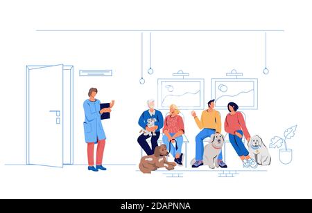Personnes en file d'attente au vétérinaire dans le bureau vétérinaire, vecteur isolé. Illustration de Vecteur