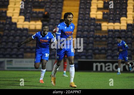 Colchesters Jevani Brown célèbre son deuxième but lors du match Sky Bet League 2 entre Colchester United et Leyton Orient au Weston Homes Community Stadium, à Colchester, le samedi 14 novembre 2020. (Credit: Ben Pooley | MI News) Credit: MI News & Sport /Alay Live News Banque D'Images