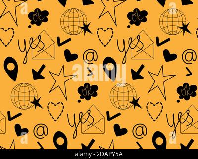 Motif abstrait sans couture. Collection populaire d'icônes de médias sociaux. Dessin animé plat noir. Le fond jaune est facile à changer Illustration de Vecteur