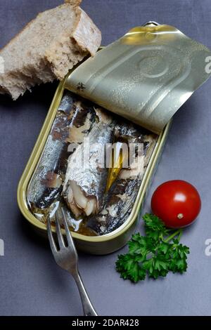 Sardines en étain ouvert avec fourche, Sardines d'huile, Allemagne Banque D'Images